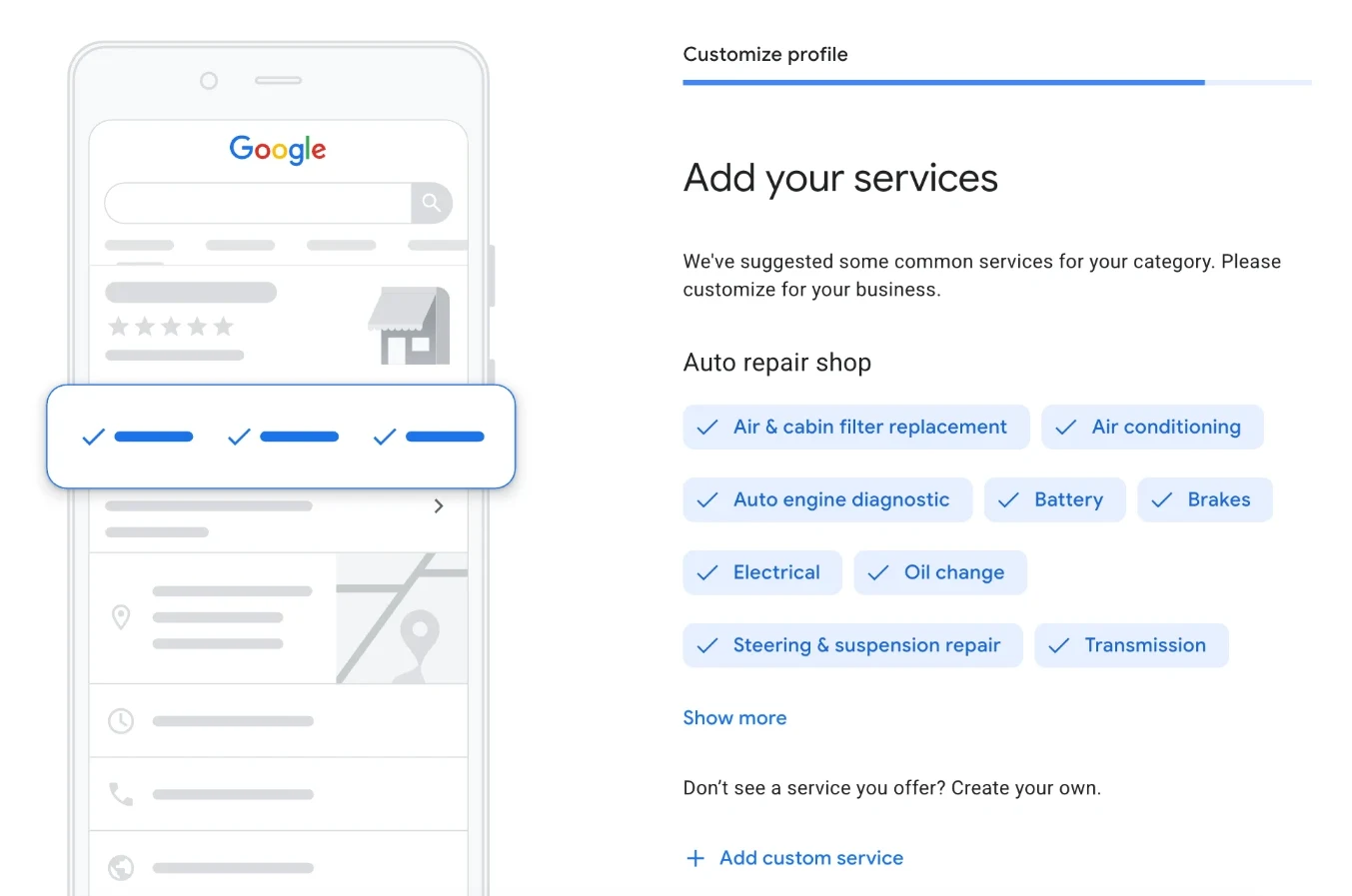 the services selection screen with auto repair services