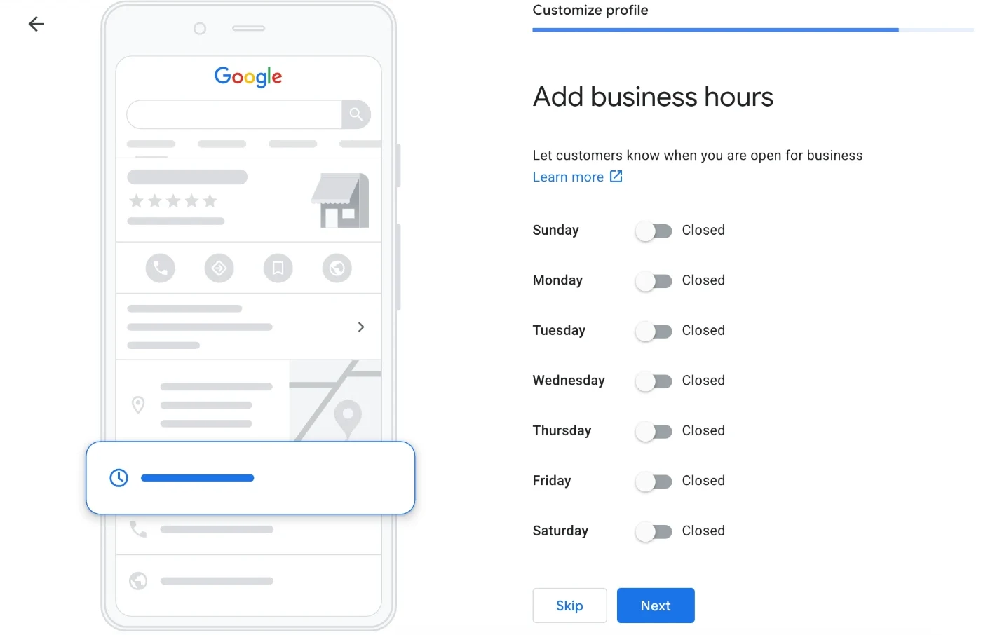 the business hours screen