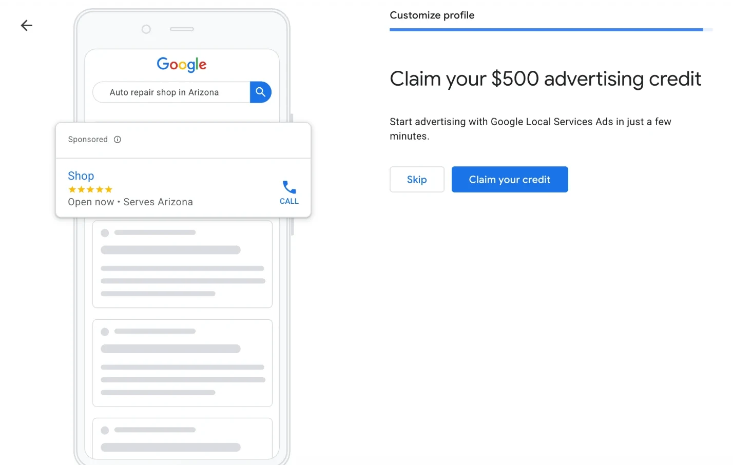 the advertising-credit offer screen with the Skip option