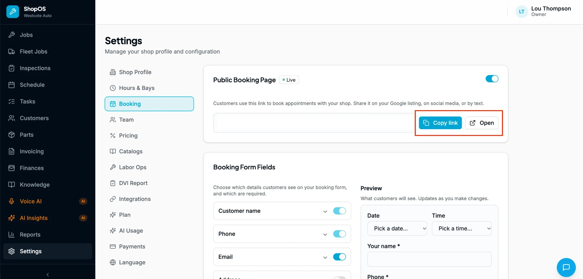 ShopOS Settings → Booking showing the booking link to copy