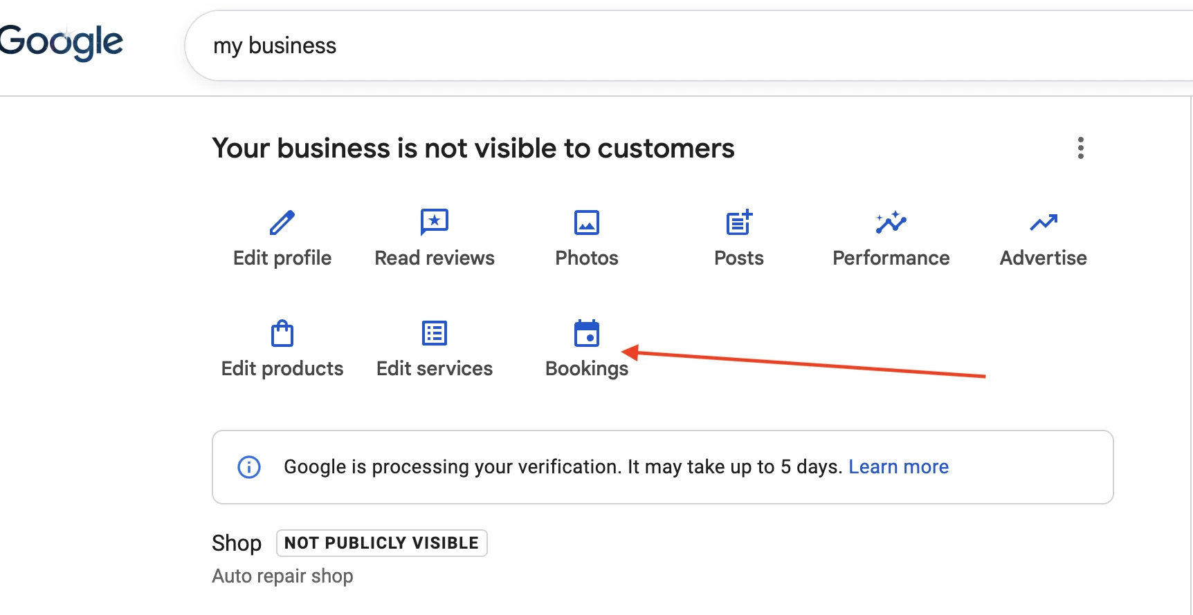 the "my business" panel on Google Search with Bookings highlighted