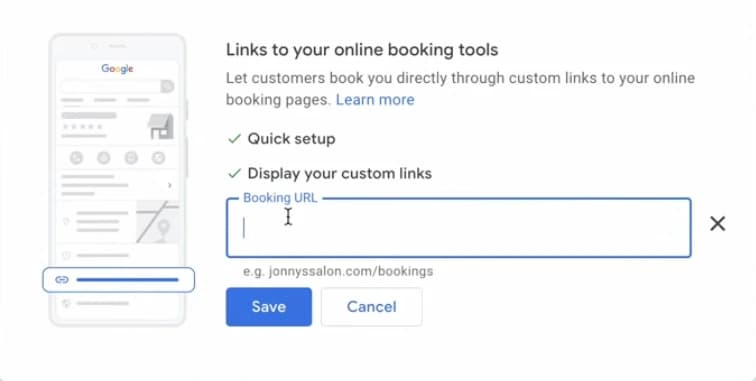 the Booking URL field under "Links to your online booking tools"