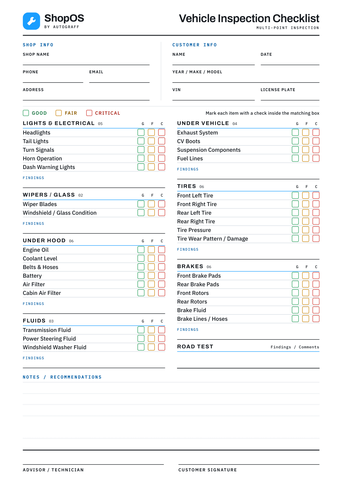 Page one of the printable vehicle inspection checklist, showing the shop and customer fields and the Good, Fair and Critical columns.